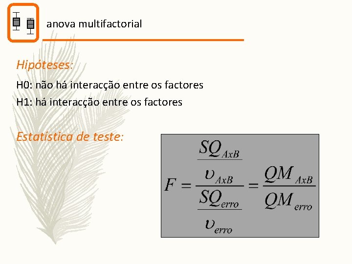 anova multifactorial Hipóteses: H 0: não há interacção entre os factores H 1: há