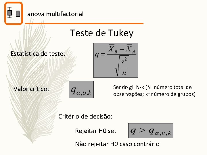 anova multifactorial Teste de Tukey Estatística de teste: Sendo gl=N-k (N=número total de observações;