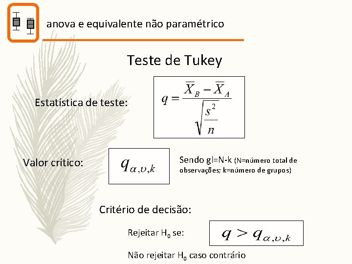 anova e equivalente não paramétrico Teste de Tukey Estatística de teste: Valor crítico: Sendo