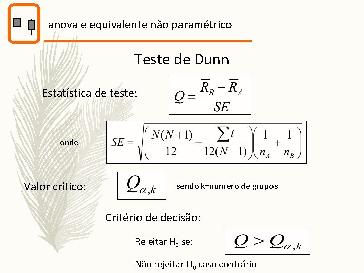 anova e equivalente não paramétrico Teste de Dunn Estatística de teste: onde Valor crítico: