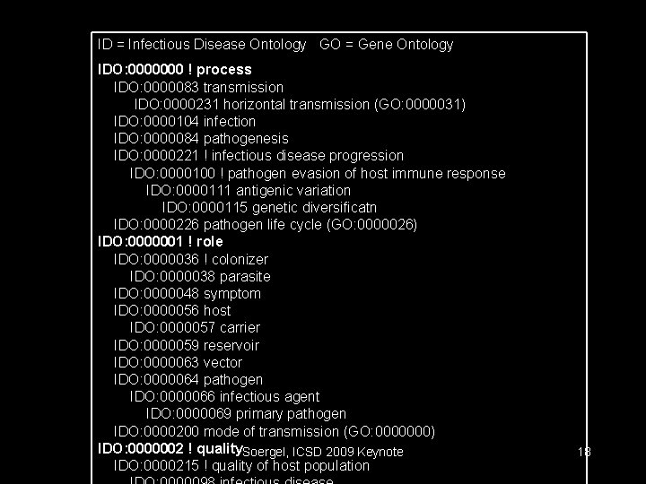 ID = Infectious Disease Ontology GO = Gene Ontology IDO: 0000000 ! process IDO: