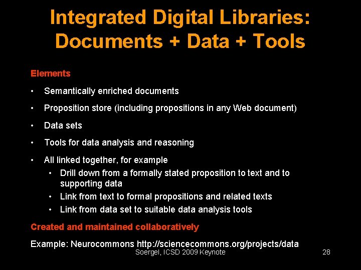 Integrated Digital Libraries: Documents + Data + Tools Elements • Semantically enriched documents •