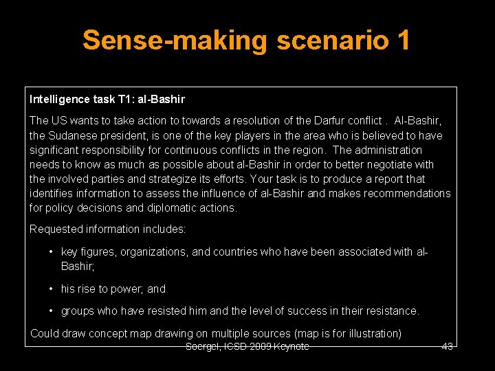 Sense-making scenario 1 Intelligence task T 1: al-Bashir The US wants to take action