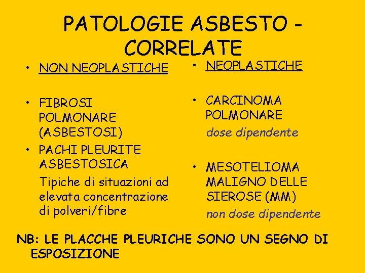 PATOLOGIE ASBESTO CORRELATE • NON NEOPLASTICHE • FIBROSI POLMONARE (ASBESTOSI) • PACHI PLEURITE ASBESTOSICA