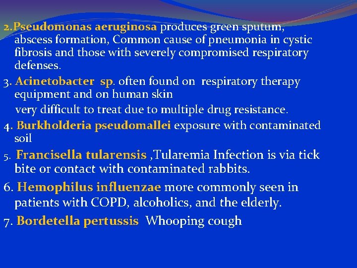 2. Pseudomonas aeruginosa produces green sputum, abscess formation, Common cause of pneumonia in cystic