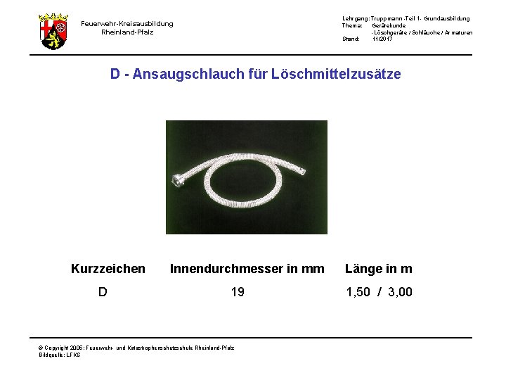 Lehrgang: Truppmann -Teil 1 - Grundausbildung Thema: Gerätekunde -Löschgeräte / Schläuche / Armaturen Stand: