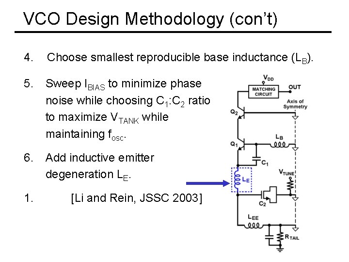 VCO Design Methodology (con’t) 4. Choose smallest reproducible base inductance (LB). 5. Sweep IBIAS