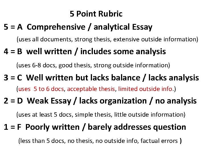 5 Point Rubric 5 = A Comprehensive / analytical Essay (uses all documents, strong