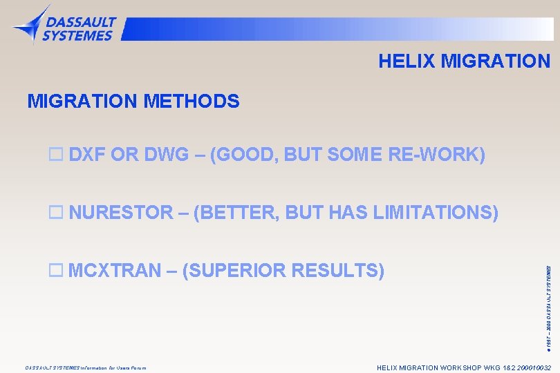 HELIX MIGRATION METHODS o DXF OR DWG – (GOOD, BUT SOME RE-WORK) o MCXTRAN