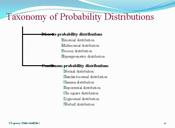 Taxonomy of Probability Distributions Discrete probability distributions � Binomial distribution � Multinomial distribution �