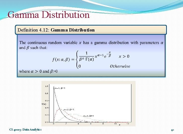 Gamma Distribution Definition 4. 12: Gamma Distribution CS 40003: Data Analytics 42 