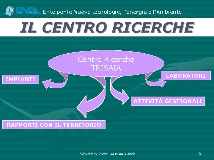 Ente per le Nuove tecnologie, l'Energia e l'Ambiente IL CENTRO RICERCHE Centro Ricerche TRISAIA