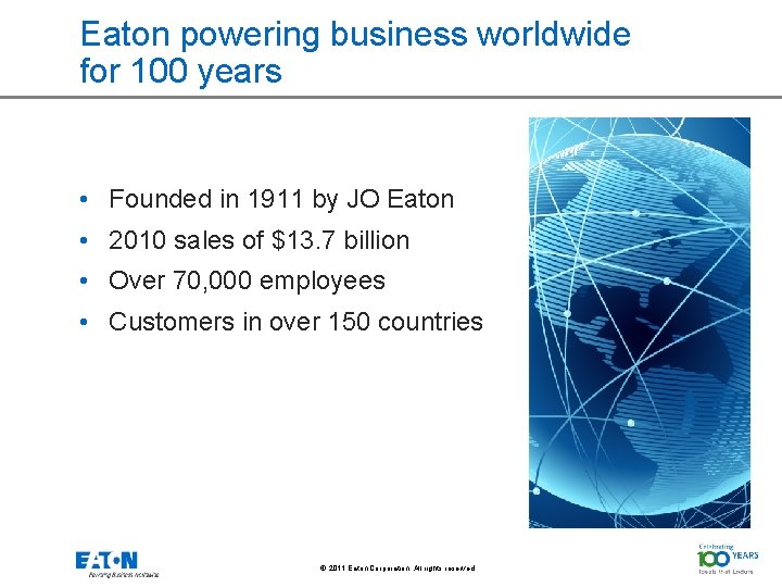 Eaton powering business worldwide for 100 years • Founded in 1911 by JO Eaton