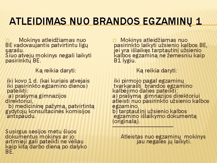 ATLEIDIMAS NUO BRANDOS EGZAMINŲ 1 Mokinys atleidžiamas nuo BE vadovaujantis patvirtintu ligų sąrašu. Šiuo