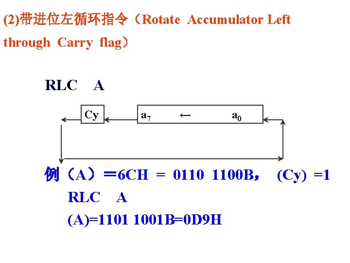 (2)带进位左循环指令（Rotate Accumulator Left through Carry flag） RLC A Cy a 7 ← a 0