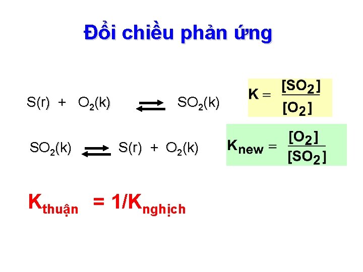 Đổi chiều phản ứng S(r) + O 2(k) SO 2(k) S(r) + O 2(k)