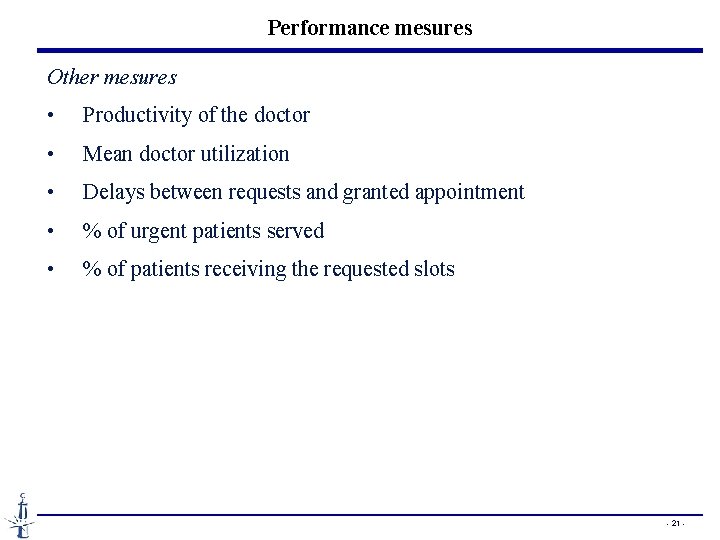 Performance mesures Other mesures • Productivity of the doctor • Mean doctor utilization •