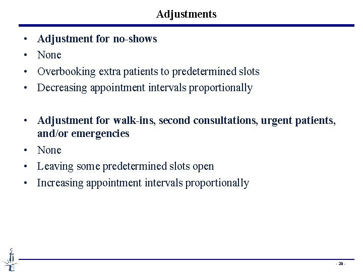 Adjustments • • Adjustment for no-shows None Overbooking extra patients to predetermined slots Decreasing