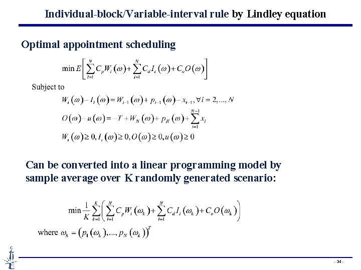 Individual-block/Variable-interval rule by Lindley equation Optimal appointment scheduling Can be converted into a linear