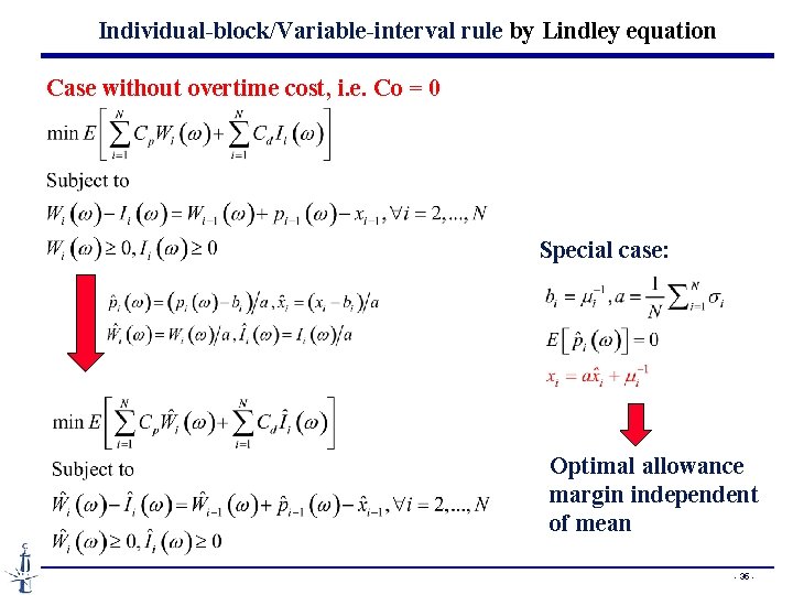 Individual-block/Variable-interval rule by Lindley equation Case without overtime cost, i. e. Co = 0
