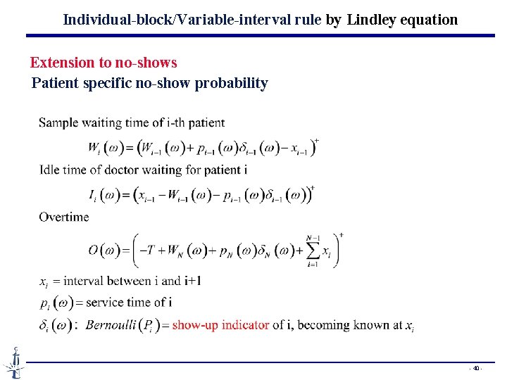 Individual-block/Variable-interval rule by Lindley equation Extension to no-shows Patient specific no-show probability - 40