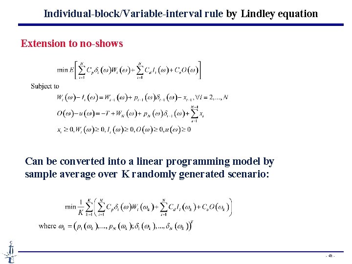 Individual-block/Variable-interval rule by Lindley equation Extension to no-shows Can be converted into a linear