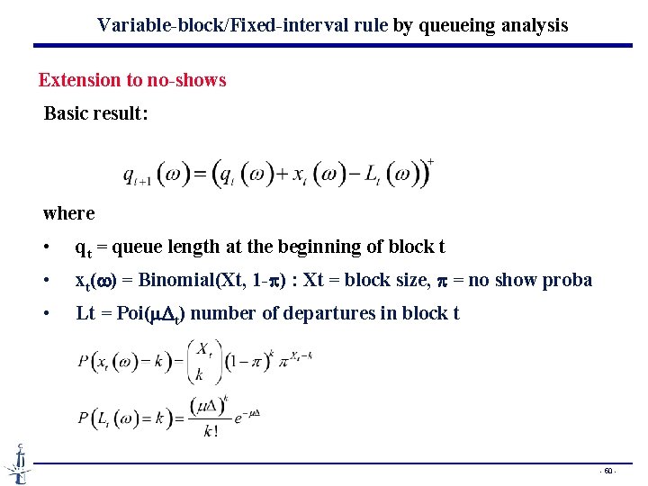 Variable-block/Fixed-interval rule by queueing analysis Extension to no-shows Basic result: where • qt =