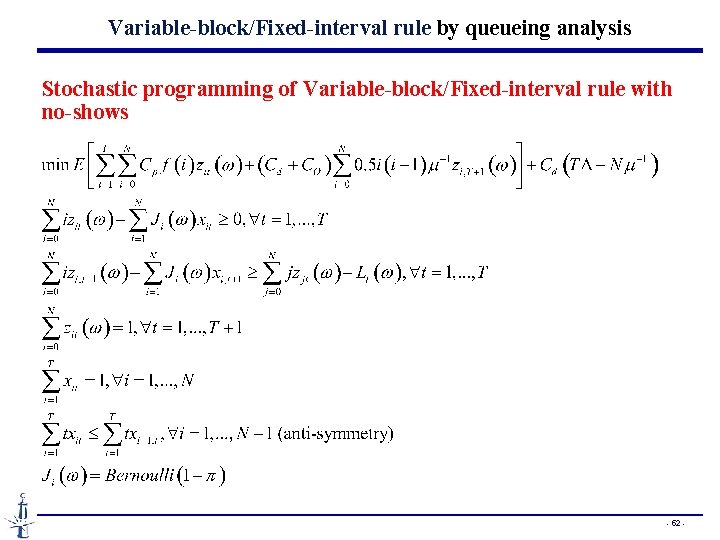 Variable-block/Fixed-interval rule by queueing analysis Stochastic programming of Variable-block/Fixed-interval rule with no-shows - 52