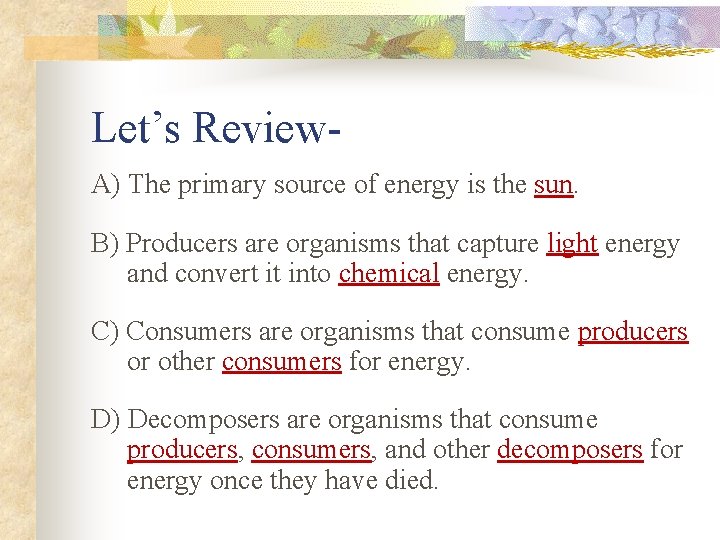 Let’s Review. A) The primary source of energy is the sun. B) Producers are