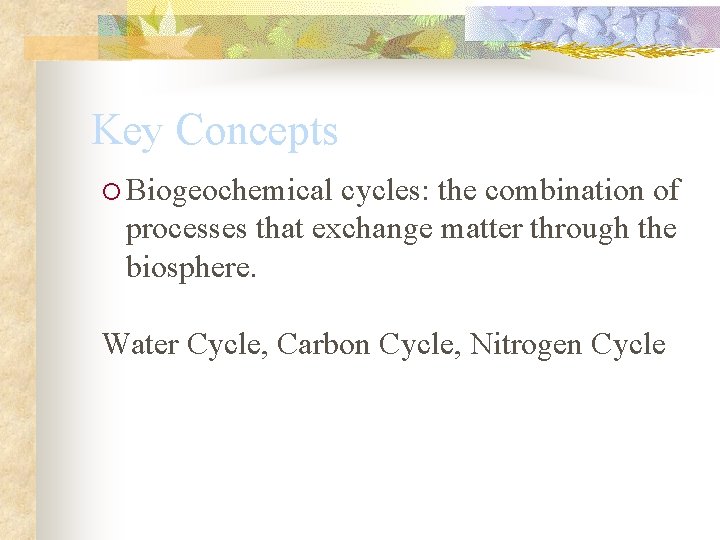 Key Concepts Biogeochemical cycles: the combination of processes that exchange matter through the biosphere.