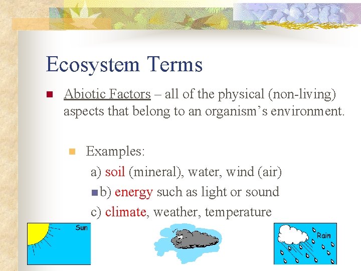 Ecosystem Terms n Abiotic Factors – all of the physical (non-living) aspects that belong