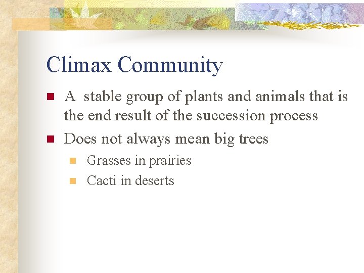 Climax Community n n A stable group of plants and animals that is the