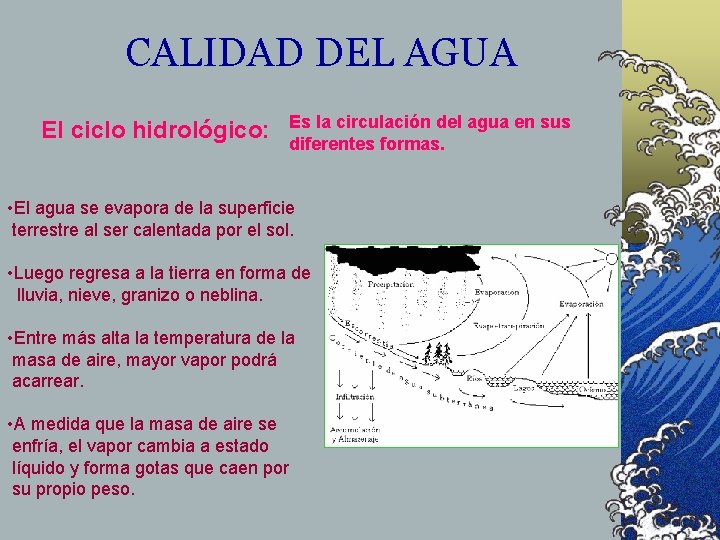 CALIDAD DEL AGUA El ciclo hidrológico: Es la circulación del agua en sus diferentes