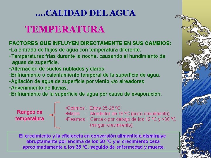 . . CALIDAD DEL AGUA TEMPERATURA FACTORES QUE INFLUYEN DIRECTAMENTE EN SUS CAMBIOS: • . . CALIDAD DEL AGUA TEMPERATURA FACTORES QUE INFLUYEN DIRECTAMENTE EN SUS CAMBIOS: •