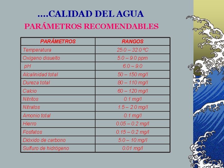 . . CALIDAD DEL AGUA PARÁMETROS RECOMENDABLES PARÁMETROS RANGOS Temperatura 25. 0 – 32. . . CALIDAD DEL AGUA PARÁMETROS RECOMENDABLES PARÁMETROS RANGOS Temperatura 25. 0 – 32.