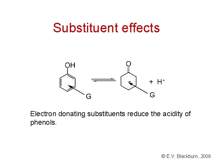 Substituent effects + H+ Electron donating substituents reduce the acidity of phenols. © E.