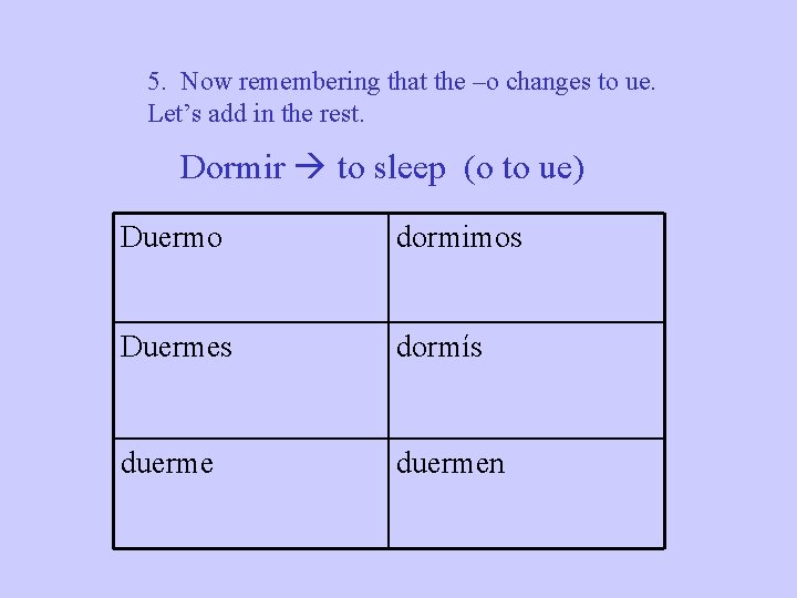 5. Now remembering that the –o changes to ue. Let’s add in the rest.