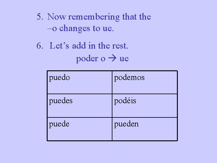 5. Now remembering that the –o changes to ue. 6. Let’s add in the