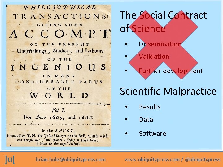 The Social Contract of Science • Dissemination • Validation • Further development Scientific Malpractice