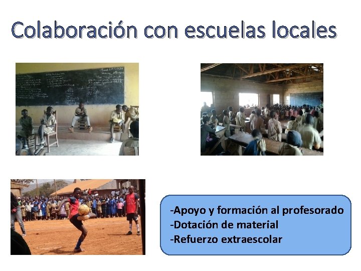 Colaboración con escuelas locales -Apoyo y formación al profesorado -Dotación de material -Refuerzo extraescolar