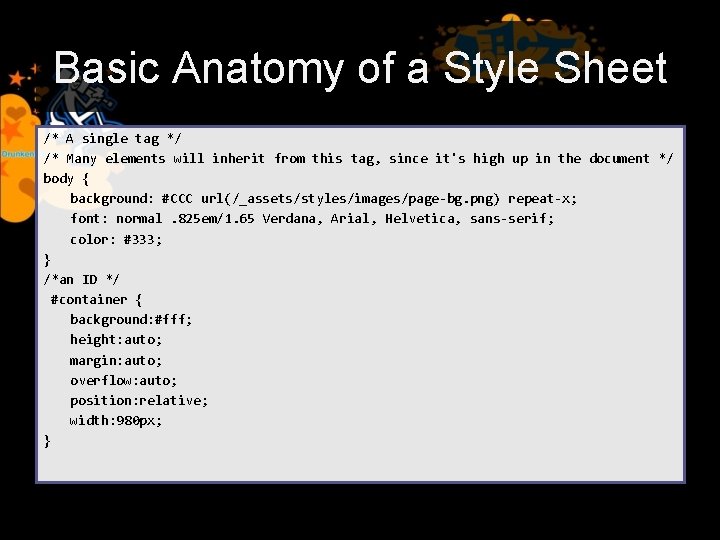 Basic Anatomy of a Style Sheet /* A single tag */ /* Many elements