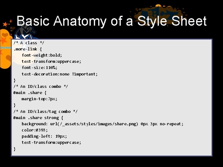 Basic Anatomy of a Style Sheet /* A class */. more-link { font-weight: bold;