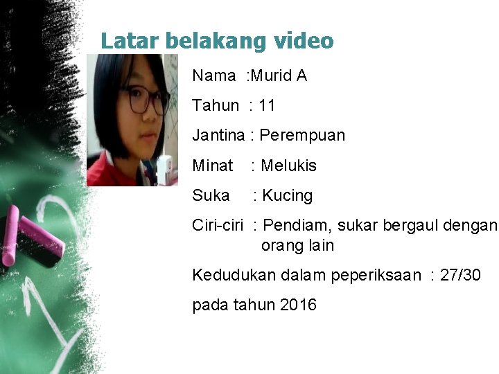 Latar belakang video Nama : Murid A Tahun : 11 Jantina : Perempuan Minat Latar belakang video Nama : Murid A Tahun : 11 Jantina : Perempuan Minat