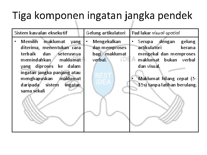 Tiga komponen ingatan jangka pendek Sistem kawalan eksekutif Gelung artikulatori • Memilih maklumat yang Tiga komponen ingatan jangka pendek Sistem kawalan eksekutif Gelung artikulatori • Memilih maklumat yang
