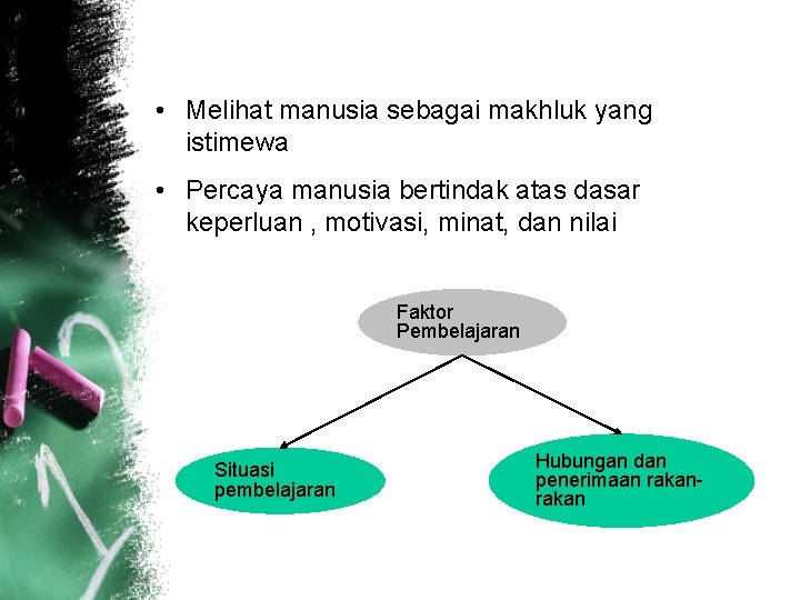 • Melihat manusia sebagai makhluk yang istimewa • Percaya manusia bertindak atas dasar • Melihat manusia sebagai makhluk yang istimewa • Percaya manusia bertindak atas dasar
