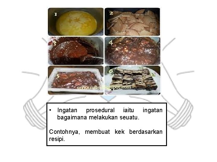 • Ingatan prosedural iaitu ingatan bagaimana melakukan seuatu. Contohnya, membuat kek berdasarkan resipi. • Ingatan prosedural iaitu ingatan bagaimana melakukan seuatu. Contohnya, membuat kek berdasarkan resipi.