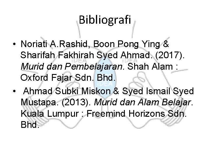 Bibliografi • Noriati A. Rashid, Boon Pong Ying & Sharifah Fakhirah Syed Ahmad. (2017). Bibliografi • Noriati A. Rashid, Boon Pong Ying & Sharifah Fakhirah Syed Ahmad. (2017).