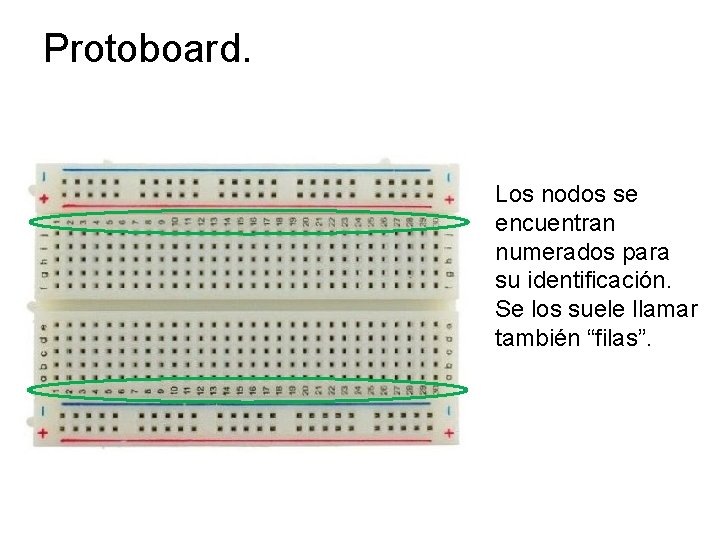 Protoboard. Los nodos se encuentran numerados para su identificación. Se los suele llamar también