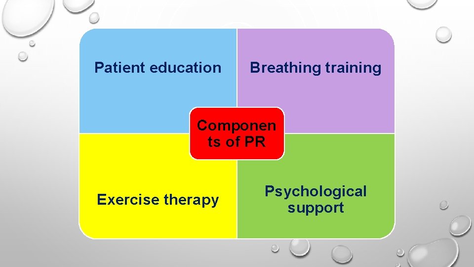 Patient education Breathing training Componen ts of PR Exercise therapy Psychological support 