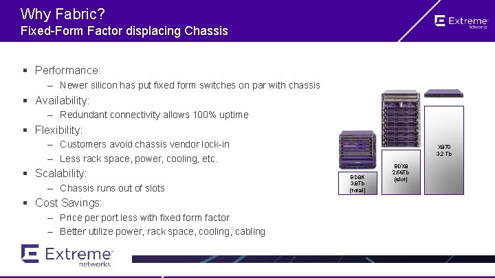 Why Fabric? Fixed-Form Factor displacing Chassis § Performance: – Newer silicon has put fixed